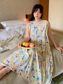 Dazy Plus 大尺碼女孩夏季花卉印花圓領寬鬆長款休閒睡裙睡衣 - 杏色 - 查看 5
