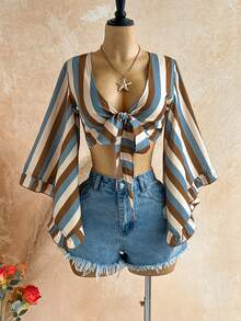 Soleia Casual Vacation Open Front Tie-Up Bell Sleeve Ruffle Cuff Leopard Print Blouse - Multicolor - View 5