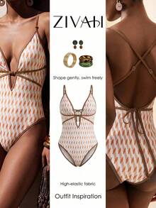 Zivah Women's Geometric Print Beaded Decor Sexy Camisole One-Piece Swimsuit, Cruise Travel Beach Seaside - Apricot - View 9