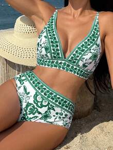 SHEIN Swim 女款植物印花海灘度假泳衣套裝 - 綠色 - 查看 1