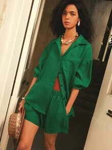 Écloséra 歐美法式復古綠色襯衫與鈕扣裝飾短褲夏季女款寬鬆休閒出遊度假兩件套 - 綠色 - 查看 6