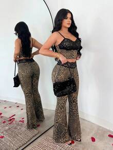 SHEIN SXY Summer Sexy Lace Patchwork Animal Print Cropped Camisole Flare Pants Club Night Out Party Beige Leopard Print - Multicolor - View 5