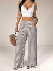 SHEIN PETITE Celana Panjang Lurus Pinggang Rendah Bahan Linen untuk Wanita Musim Panas Musim Gugur, Pakaian, Wanita Bertubuh Mungil - Khaki - View 8