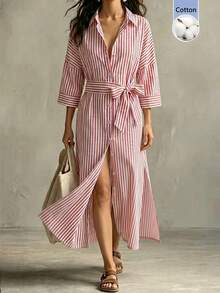 EMERY ROSE Vestido casual de mujer con botones y estampado de rayas - Rojo - Ver 5