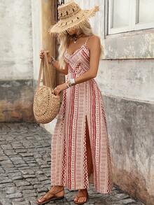Brillora Women's Summer Vacation Geometric Print Split Strap Dress Burgundy Tropical Beach Boho - Red and White - View 12