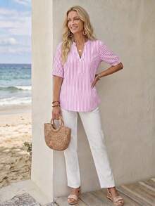 EMERY ROSE Blusa de manga corta con patrón de rayas y bloques de color, adecuada para el trabajo y el uso diario, verano - Multicolor - Ver 4