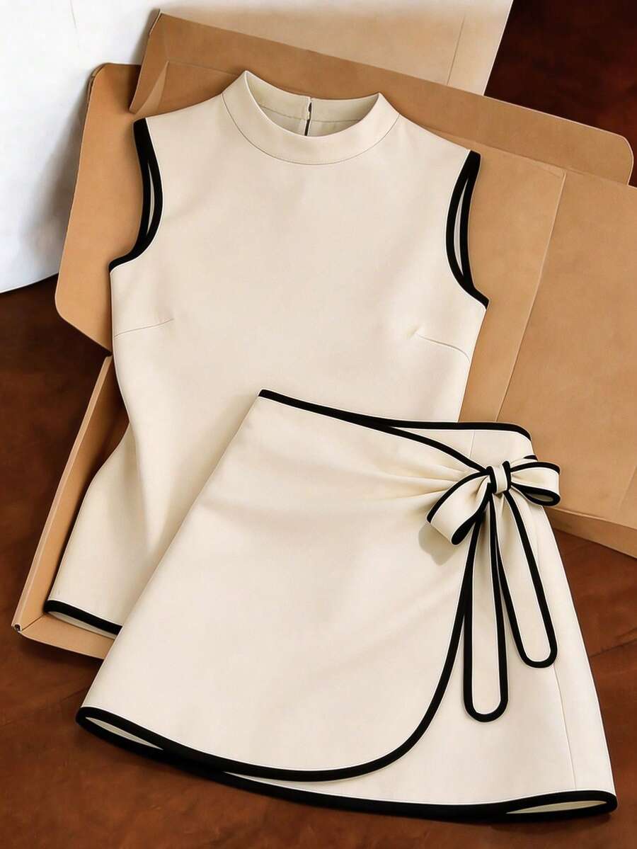 SHEIN Franclia Asian New Chinese Style Minimalist Small Stand Collar Sleeveless Top & Contrast Color Skirt 2 Pieces Set In Apricot - Apricot - View 1