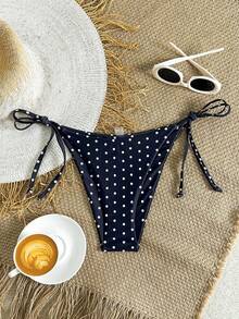 Swim Basics 女士波点印花系带性感比基尼泳裤，适合海滩度假 - 黑與白 - 查看 3
