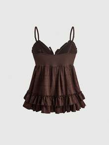 ROMWE Tank Top Wanita Model A-Line Berlapis Ruffle Warna Cokelat Gaya Boneka Kawaii - Coklat - View 12