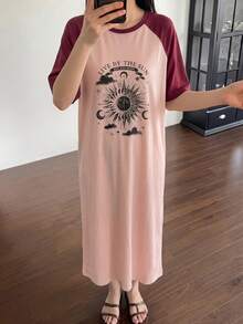 DAZY Sun Graphic Raglan Sleeve Long Dress, Women Summer Sleepwear - Pink - View 7