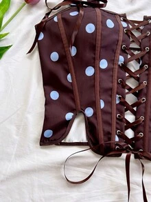 Soleia Women's Blue And Brown Polka Dot Summer 1960s Vintage Camisole Bra Top, Lace Corset Bustier For Tea Party,Off-The-Shoulder Fitted Outfits Tops - Multicolor - View 6
