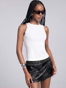Airlisse Women Summer Punk White Rib Racer Back Tank, Double Shoulder Metal Rivets Large Back Cut Out With Adjustable Buckle Belt Slim Cropped Y2K  Top - White - View 5
