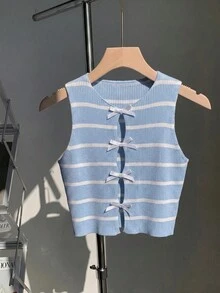 Comfortcana 女款休閒 Y2K 可愛極簡藍白條紋對比蝴蝶結裝飾無袖針織上衣，適合校園穿著、度假、夏季約會 - 藍色 - 查看 3