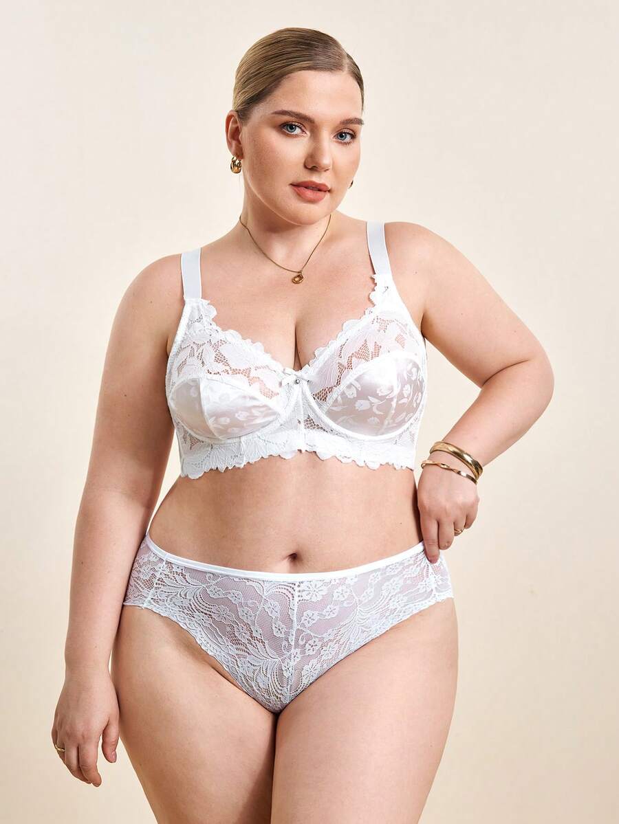 Hourtrue Plus Size Women Fashion Lace Patchwork Underwire Bra