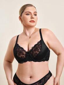 Hourtrue Plus Contrast Lace Underwire Bra Lingerie, Lift - Black - View 5
