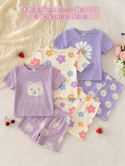 SHEIN Bộ đồ ngủ 2 món cho bé gái họa tiết mèo dễ thương, cổ tròn, tay dài, có quần dài, chất liệu mềm mại, thoải mái và thân thiện với làn da.