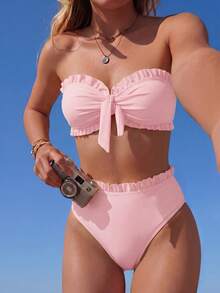 Swim Basics Women's Summer Beach Solid Color Ruffle Trim Bandeau Bikini Set With Front Knot, Two Pieces Swimwear Black Bathing Suits - Pink - View 1
