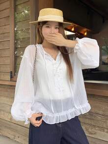 DAZY 女款純色寬鬆抓皺荷葉邊長袖休閒度假夏季襯衫，適合校園穿搭 - 白色 - 查看 5