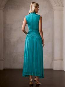 MOTF PREMIUM FRENCH STYLE ELEGANT SLEEVELESS MOCK NECK PLEATED CINCHED WAIST LONG DRESS FOR WOMEN - Mist Green - View 3