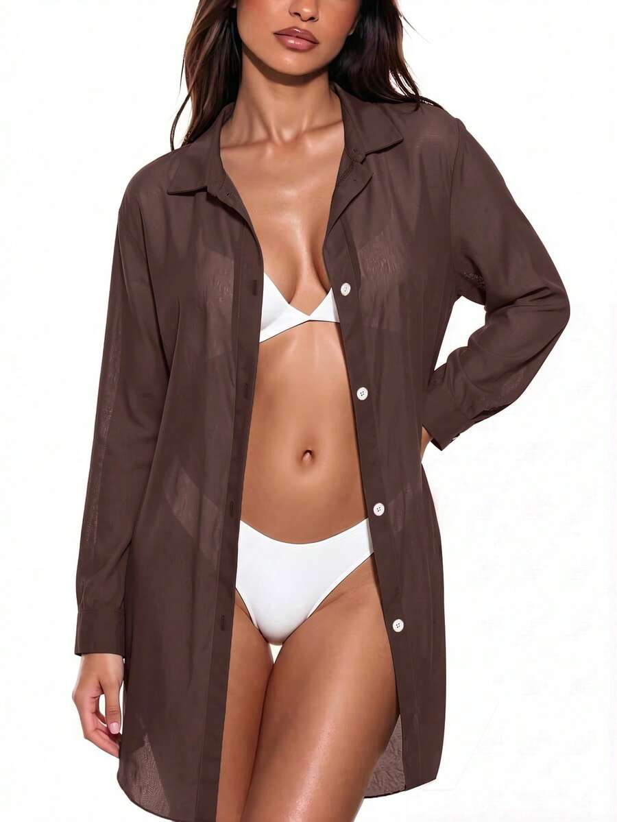 Oceva Blus Lengan Panjang Kasual Pantai Musim Panas untuk Wanita, Warna Polos, Kimono Kerah Terbuka untuk Liburan Pantai - Coklat - View 1