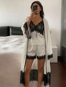 DAZY 3件組女款蕾絲拼接長版睡袍、吊帶背心與短褲夏季睡衣套裝 - 白色 - 查看 8