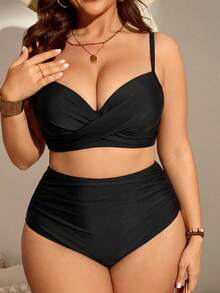 Swim SXY Plus Size Women 2pcs Set Camisole Solid Color Push-Up Fashion Minimalist Separated Swimsuit Vacation Set - Black - View 6