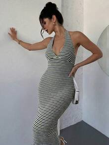 Firerie 情人節新款春夏簡約優雅浪漫約會掛脖V領杏色紋理面料收腰顯瘦長洋裝 - 軍綠色 - 查看 4