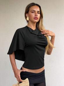 SHEIN Glamour 女士黑色露肩上衣－高領荷葉邊設計時尚襯衫，優雅休閒與派對之夜風格上衣，打造精緻造型 - 黑色 - 查看 1