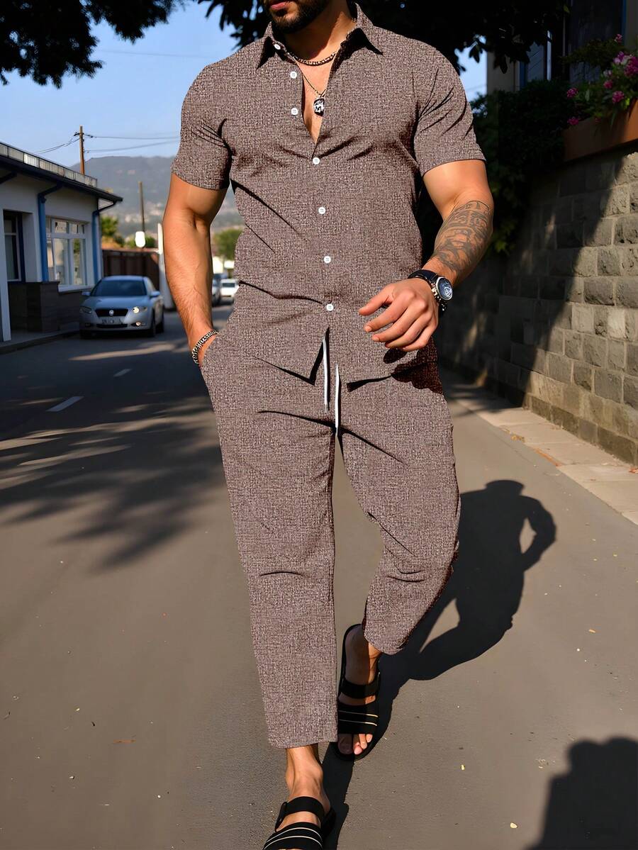 Manfinity Homme Men's Summer Casual Front Button Short Sleeve Shirt And Pants Set - Brown - View 1