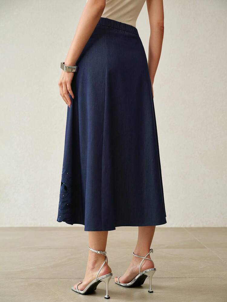 SPRING/SUMMER ELEGANT A-LINE EXQUISITE HEAVY EMBROIDERY RHINESTONE EMBELLISHED DENIM EFFECT SKIRT