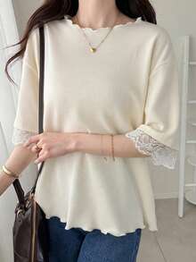 FRIFUL Women's Wavy Frill Trim Striped Loose Colorblock Edge Short Sleeve T-Shirt Summer Top - White - View 2