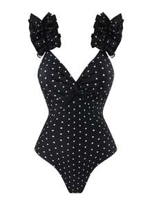 Swim Oasis Sommer Strand Damen Einteiler Polka Dot Muster Spaghettiträger Rüschen Elegant Badeanzug + Rock Strandurlaub Sexy Outfit - Schwarz - Übersicht 5