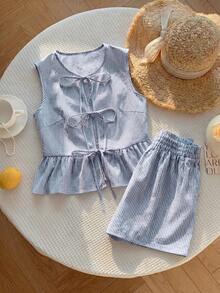 Comfortcana Bộ 2 món áo tank top không tay cổ tròn buộc dây kẻ sọc và quần short cho nữ đi du lịch mùa xuân/hè - Màu xanh lam - Xem 3