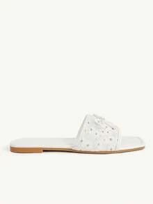 CUCCOO CHICEST White Square Toe Small Daisy Embroidered Sandals, Mesh Yarn, Daily Commuting Versatile Mules Summer - White - View 3