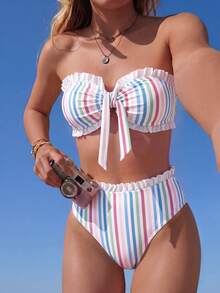 Swim Mod Spring/Summer Beach Vacation Striped Print 2 Pieces Set, Ruched Neckline, Ruffled Hem Pants - Multicolor - View 3