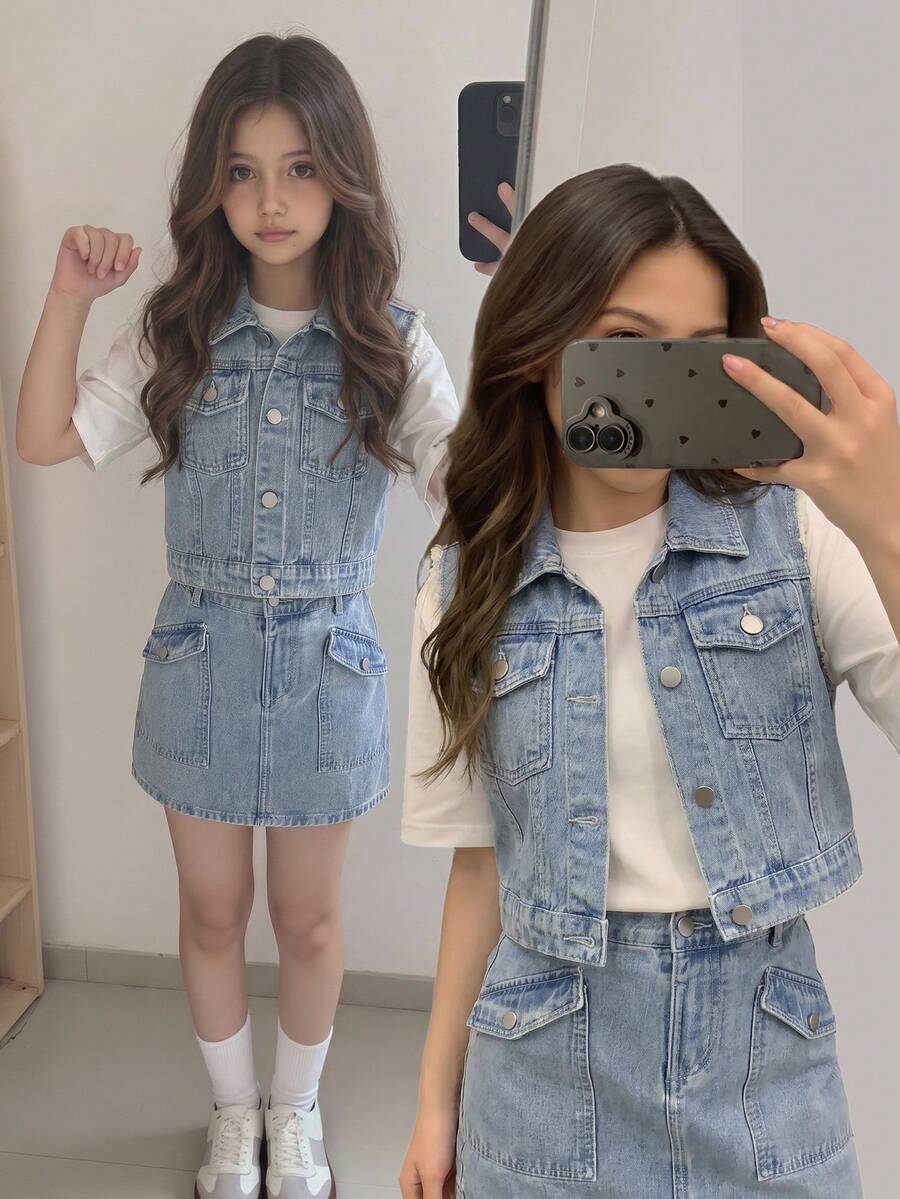 SHEIN 女孩及青少年夏季休闲舒适度假时尚街头风套装，包括做旧无袖露脐上衣外套和做旧A字牛仔迷你裙 - 中等水洗藍 - 查看 1