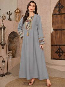 Al Najma Women's Spring/Summer 3D Floral Knit Collar Turkish Long Shirt & Traditional Arabic Long Shirt - Grey - View 6
