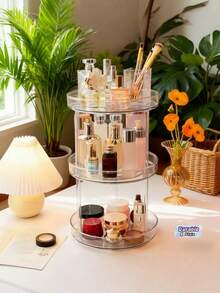 1 Double-Layer, 360° Rotating, Large Capacity Transparent Desktop Cosmetics Storage Rack, Cosmetics Organizer, Cosmetics Storage Rack, Jewelry Organizer, Jewelry Storage Rack. Suitable For Use At Vacation Beaches, Bathrooms, Bedrooms, And Other - Clear - View 1