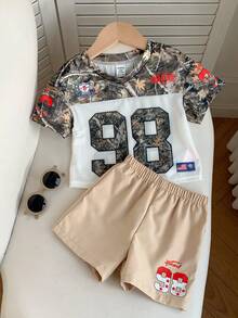 2pcs/Set Baju Bayi Laki-laki Lucu Musim Panas Warna Hijau Motif Huruf Olahraga Lengan Pendek dan Celana Pendek Pinggang Elastis Set Kamuflase Set Blok Warna Set Gaya Jalanan Set Bayi Laki-laki - MultiWarna - View 7