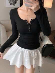 DAZY Women's Solid Color Simple Casual Long Sleeve T-Shirt Y2k Going Out Tops Women - Black - View 10