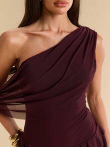 SHEIN BAE Spring/Summer Solid Purple One-Shoulder Asymmetric Draped Waist Multi-Layer Ruffle Short Mini Dress Sexy Hot Girl Date Party Dress - Purple - View 7
