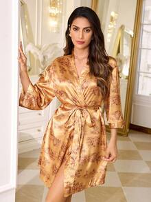 LuxeNights Women's Casual Cherry Plaid Print Open Front Robe - Yellow - View 6