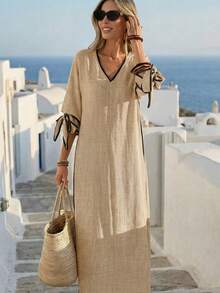 Breezaya Summer Casual Vacation Loose Fit Colorblock Trim V-Neck Women's Dress - Khaki - View 6