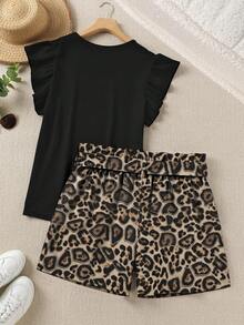 EMERY ROSE Two Pieces Set: Plus-Size Solid Color Ruffled Sleeve Top And Leopard Print Shorts, Casual Whimsical Cute Vacation Summer Women's Clothing Black Beige - Multicolor - View 2