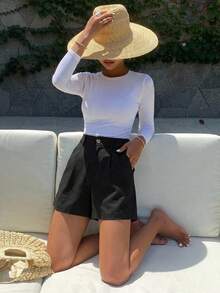 DAZY High Waist Slant Pockets Tailored Shorts - Black - View 9