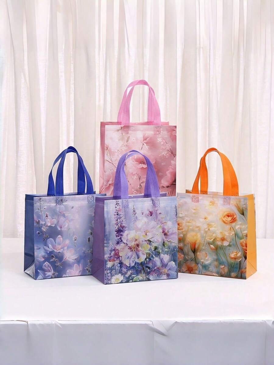 1/4/10/20 Stücke große Kapazität elegante Blumen-Botanik-Malerei-Stil Vliesstoff Polyester Tragetasche Handtasche Party-Gastgeschenk-Geschenktüten für Hochzeit Geburtstag Feier Jahrestag Brautparty langanhaltend modische Einkaufstasche