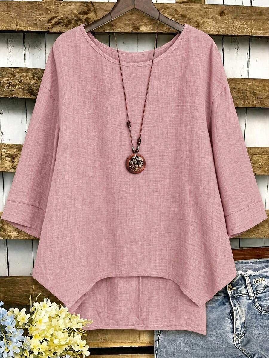 EMERY ROSE Plus Size Women's Summer Casual Boho Solid Color Round Neck Shirt Vacation Dusty Rose - Dusty Pink - View 1