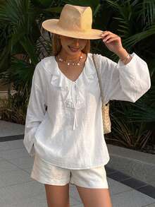 DAZY Solid Color Loose Long Sleeve Round Neck Women's Blouse Vacation White Autumn Elegant - White - View 7