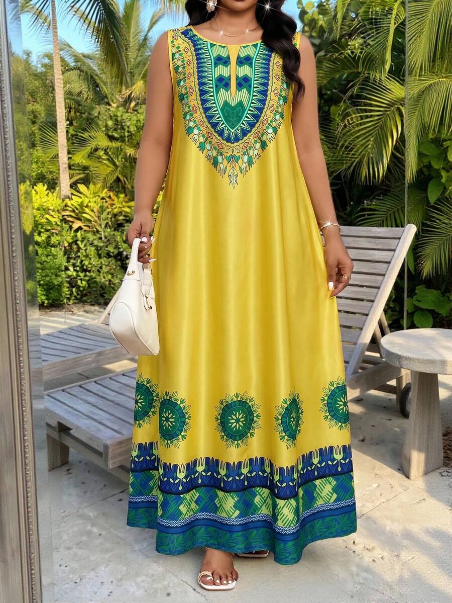 SHEIN Lady CURVE Plus Size Women's Yellow Sleeveless Bohemian Maxi Dress With Scoop Neck And Colorful Print - Yellow - View 1