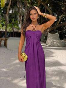 Aloruh Women's Fashion Holiday Party Solid Color Halter Neck Dress - Purple - View 7